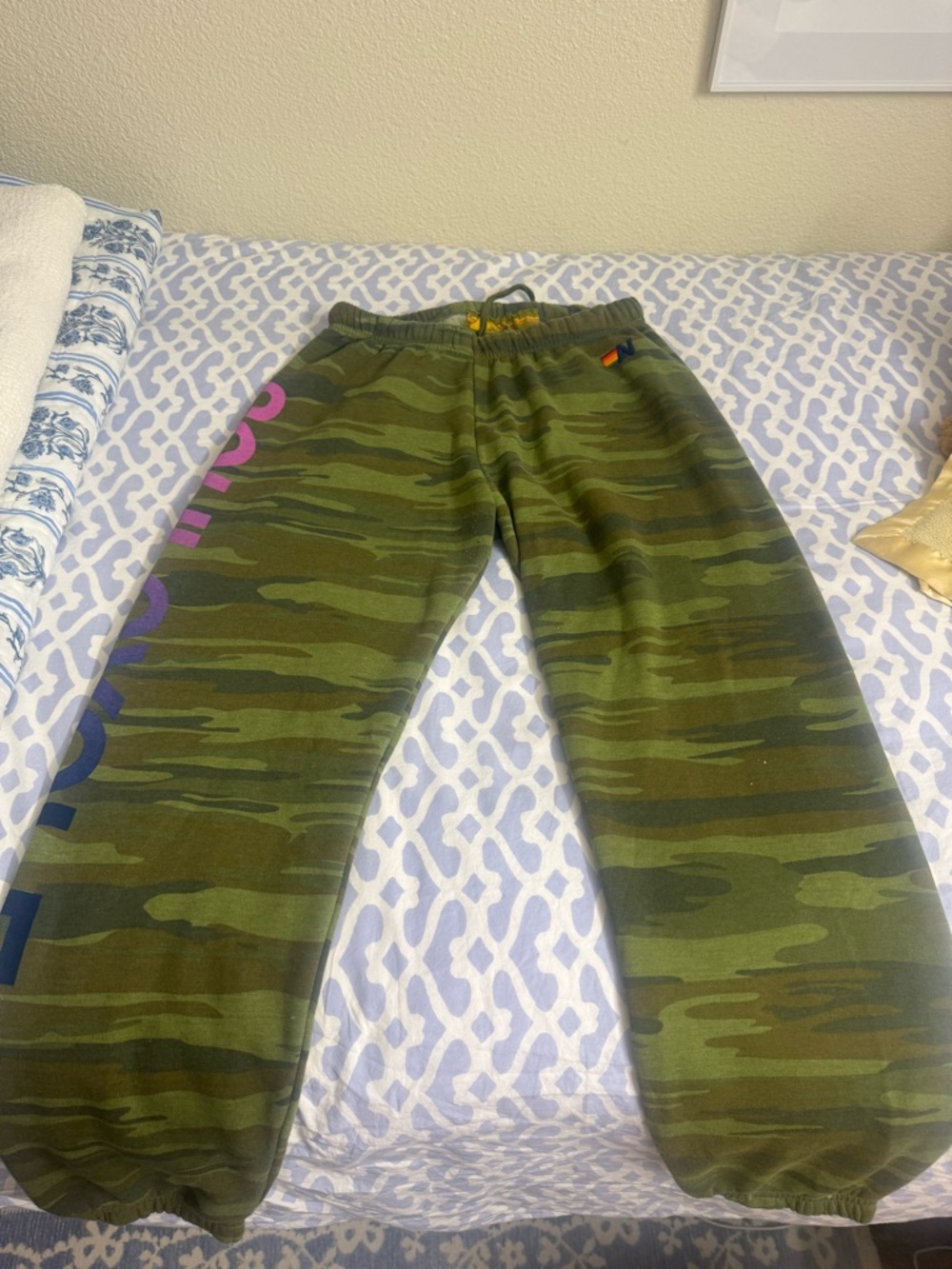 Aviator Nation Olive Green Camo Sweatpants with Colorful Side Logo